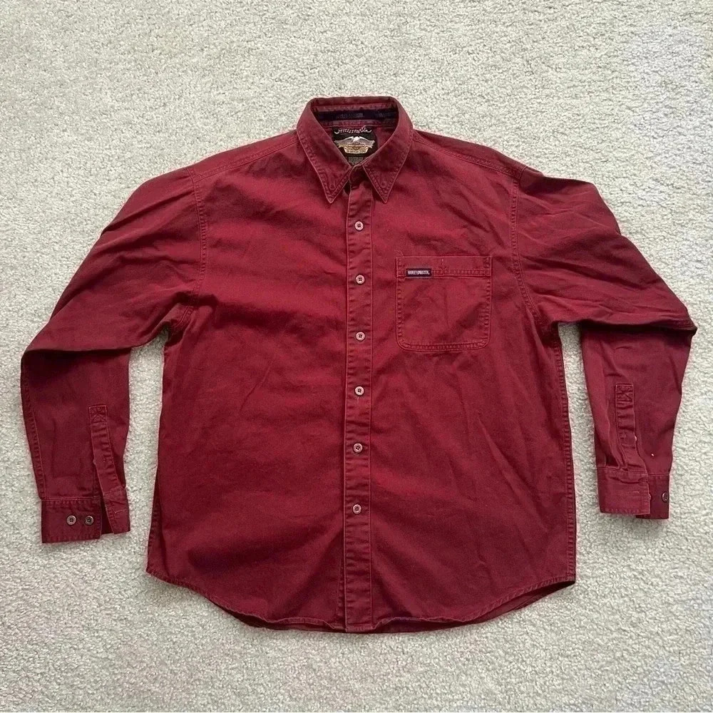 Harley-Davidson Shirt Long Sleeve Red Embroidered Logo Motorcycle Pocket Men L